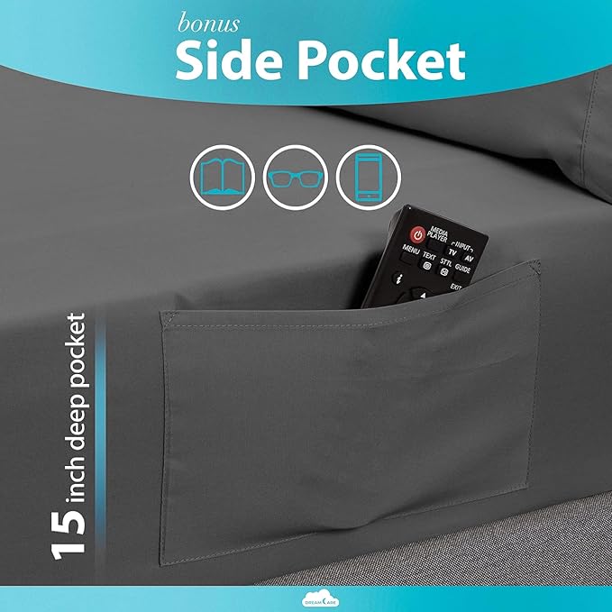 DREAMCARE Queen Size Sheets - Cooling Bed Sheets - 4pcs Set - up to 15" Deep Pocket Queen Sheet Set - Sheets Queen Size Bed - Soft & Long Lasting 100% Fine Brushed Polyester with Side Pocket - DGray