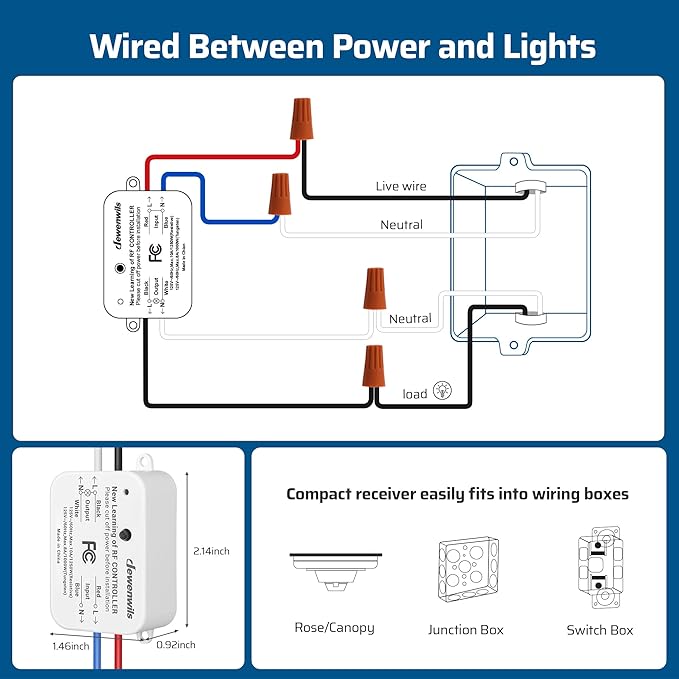 DEWENWILS Wireless Remote Light Switch, Expandable Wireless Wall Switch Kit, No Wiring, No WiFi, 100 Ft RF Range, Programmable, Remote Control Light Fixture for Lamps, Ceiling Lights, Fans