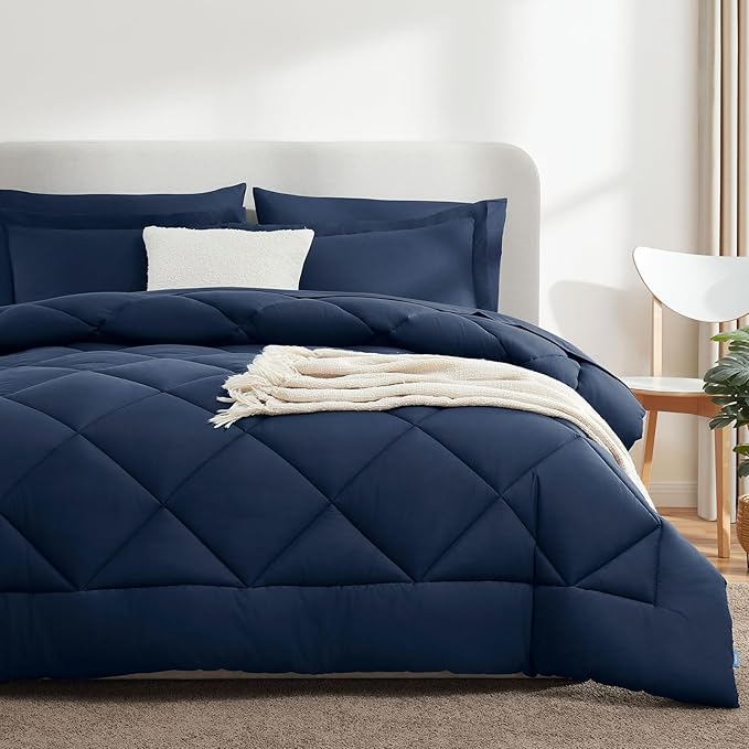 CozyLux Oversized Queen Comforter Set Navy Blue, 7 Pieces Bed in a Bag Comforter Set with Sheets Luxury Bed Set All Seasons, Bedding Set with Down Alternative Comforter, Sheets, Pillowcases & Shams