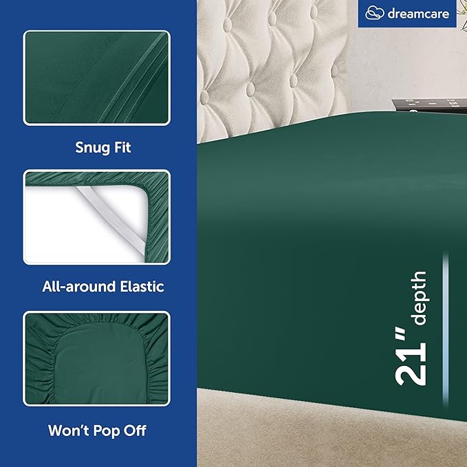 DREAMCARE King Size Sheets Set – 4 pcs Cooling Sheets – up to 21” Deep Pocket King Sheet Set – Hotel Luxury Sheets & Pillowcases – Superior Softness 100% Microfiber with Side Pocket - Emerald Green