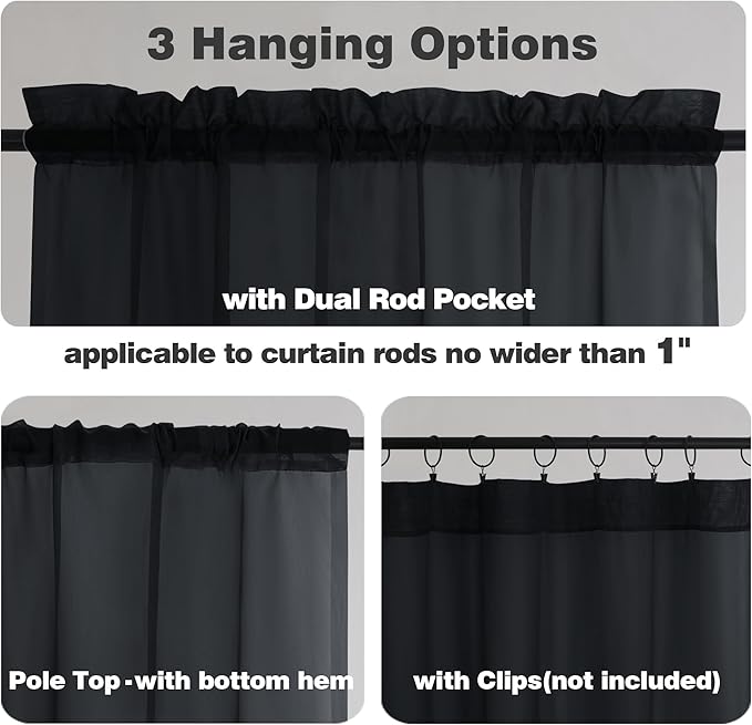 Chyhomenyc Black Sheer Curtain 72 Inches Length 2 Panels, Voile Top Dual Rod Pockets Light Filtering Airy Window Treatment Drapes for Living Room/Bedroom, Each 42Wx72L