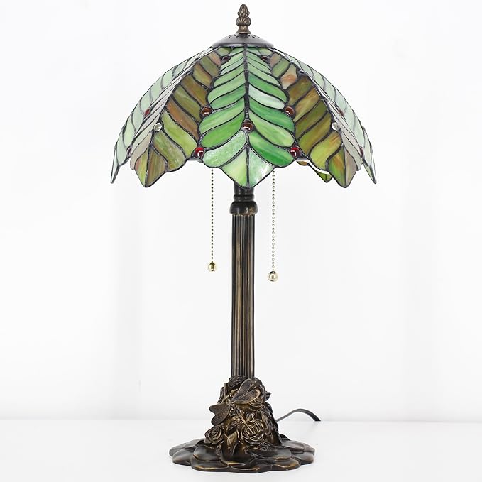Tiffany Stained Glass Table Lamp 12X12X21Inch Resin Base Desk Bedroom Living Room Reading Light (Brown Green Leaf)