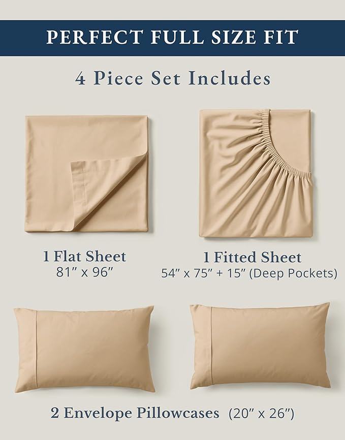 LANE LINEN 100% Organic Cotton Bed Sheets Full Size, Fully Elasticized Reinforsed Seams in Fitted Pocket, Machine Washable Naturally Cooling Full Sheet Deep Pocket Bedding- Linen