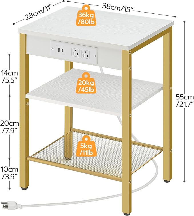 HOOBRO End Table with Charging Station and USB Ports, 3-Tier Nightstand with Adjustable Shelves, Small Side Table for Small Space in Living Room, Bedroom and Balcony, White and Gold DW112BZ01G1