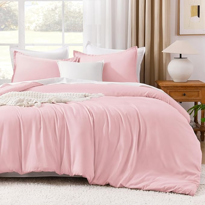 Litanika Pink Comforter Set Queen Size, 3 Pieces Lightweight Soft Fluffy Solid Bedding Set, All Season Bed Set (90x90In Comforter & 2 Pillowcases)