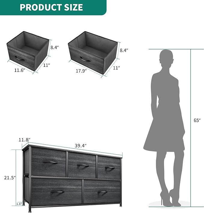YITAHOME Dresser with 5 Drawers - Fabric Storage Tower, Organizer Unit for Bedroom, Living Room, Closets - Sturdy Steel Frame, Wooden Top (Cool Black Wood Grain)
