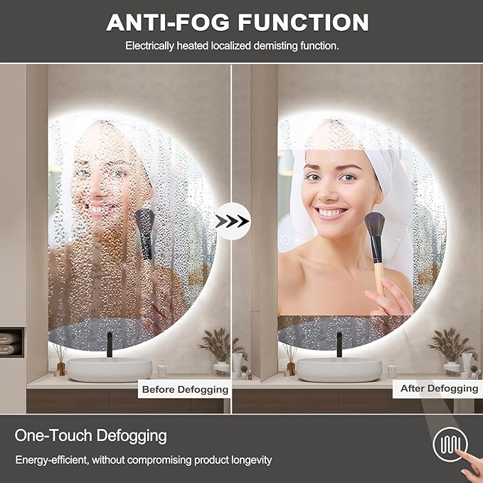 40"×28" LED Bathroom Mirror with Lights, Asymmetrical Smart Vanity Mirrors Wall-Mounted with Backlit, Anti-Fog Half Moon Mirror, Stepless Dimmable-3 Colors-Tempered Glass