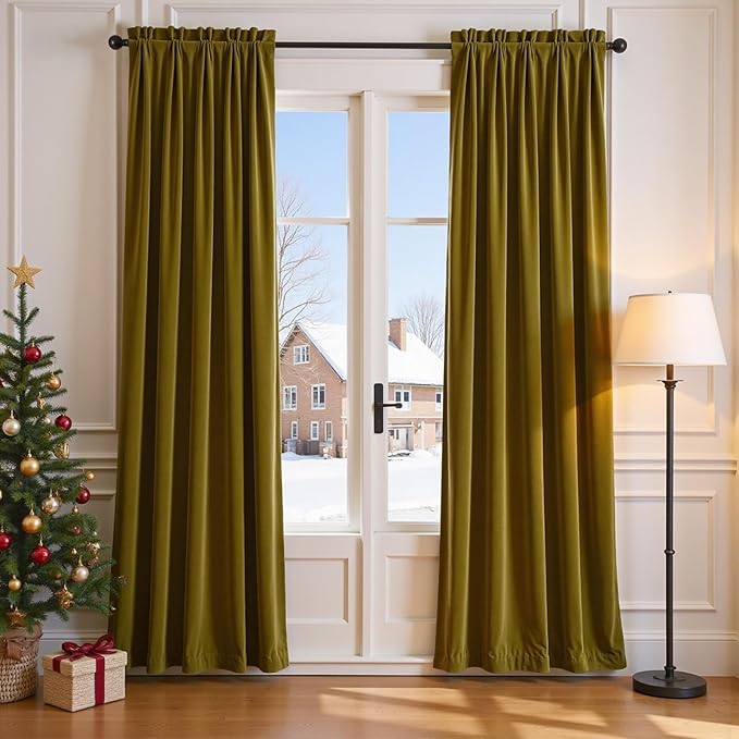 Lazzzy Velvet Blackout Curtains Thermal Insulated Room Window Drapes Super Soft Luxury Curtains for Living Room Bedroom Rod Pocket 2 Panels, Golden Olive, 52" W x 90" L