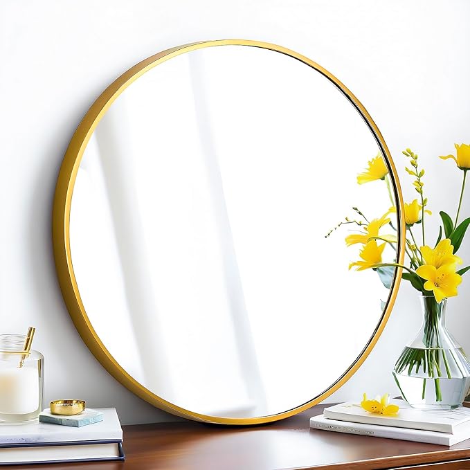 24" Round Mirror Circle Wall Mounted Hanging or Against Wall Metal Frame Dressing Make-up Mirrors for Entryway Bedroom Bathroom Living Room 24 inch Gold