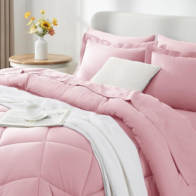 CozyLux Queen Comforter Set Pink - Bed in a Bag Queen Size 7 Pieces, Luxury Soft Bed Set for All Seasons, Bedding Set with Down Alternative Comforter, Sheets, Pillowcases & Shams