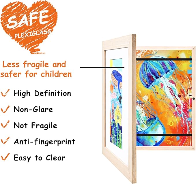 KINLINK 8.5x11 Kids Art Frames Set of 2, Solid Wood Kids Artwork Frames Changeable with Acrylic Front Opening Holds 150 Pictures, Art Frame for Kids Artwork with Mat or without Mat, Natural