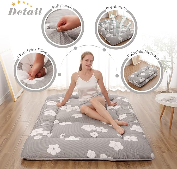 Japanese Floor Mattress, Futon Mattress with Portable Storage Bag and Washable Cover, Roll Up Thick Tatami Mat Suitable for Camping, Guest Room, Grey Cotton, Queen