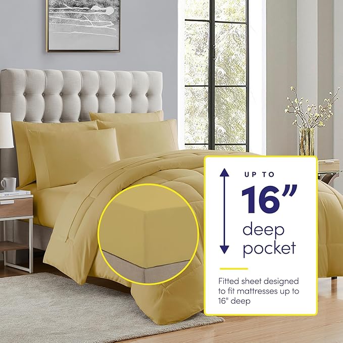 Sweet Home Collection 7 Piece Comforter Set Bag Solid Color All Season Soft Down Alternative Blanket & Luxurious Microfiber Bed Sheets, Camel, Full