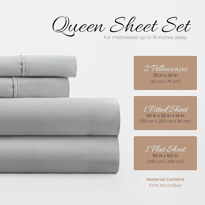 Linen Market Double-Brushed Microfiber Queen Sheet Set 4 Piece – Oeko-TEX Certified Ultra Soft & Wrinkle-Free - 16" Deep Pocket Sheets - Easy Care Queen Size - Light Gray