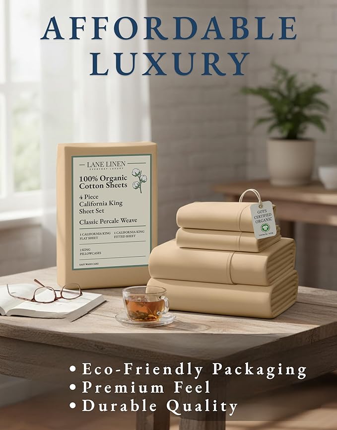 LANE LINEN 100% Organic Cotton Fully Elasticized California King Sheet Set, Low Pilling Fade Resistant Machine Washable Naturally Cooling Cal King Bedding Set, Soft & Comfy Cotton Sheets – Linen