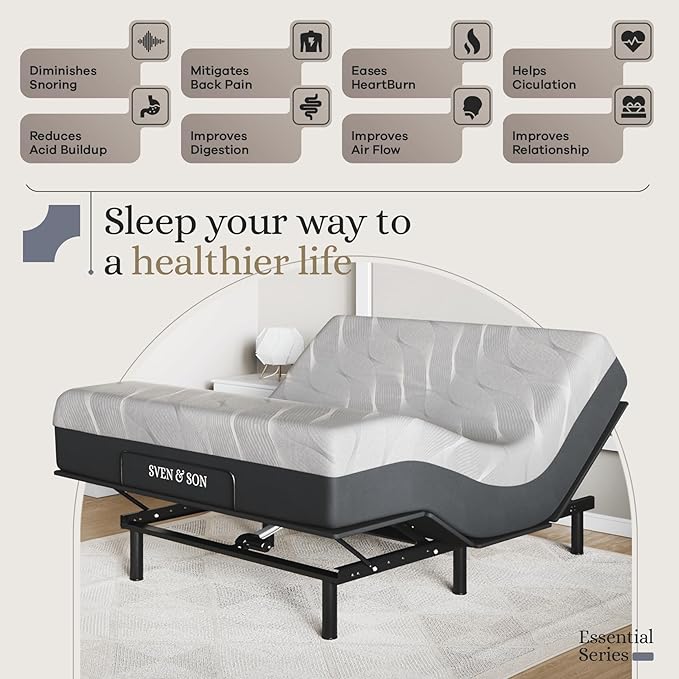 Sven and Son Essential Adjustable Bed Base (Frame) + 14 inch Hybrid Spring Matt (Medium Soft), Easy Assembly, Head and Foot Lift, Memory Positions, Zero Gravity, Wireless Remote - Queen