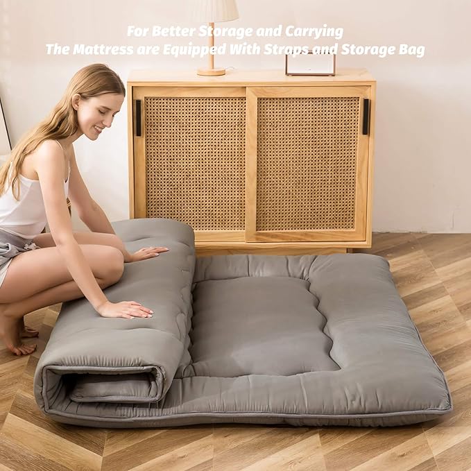 MAXYOYO Japanese Shiki Futon Mattress Floor Mattress Thicken Tatami Mat Sleeping Pad Roll Up Mattress Floor Lounger Bed Folding Couch Bed Mattress Pad for Guest Room, Charcoal Grey, King