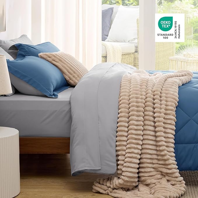 Bedsure Twin XL Comforter Set - 5 Pieces Reversible Slate Blue Bedding, Twin XL Size Bed Set for All Seasons, Bed in a Bag with Down Alternative Comforter, Sheets, Pillowcase & Sham