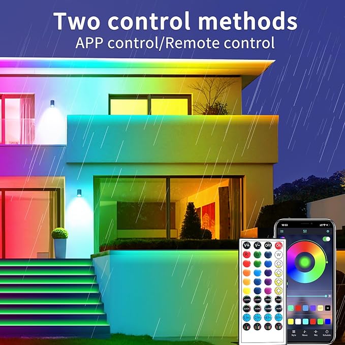 66Ft Outdoor Waterproof LED Strip Lights,Music Sync RGB IP68 Led Lights with App and Remote Control,Color Changing Waterproof RGB Exterior Rope Self Adhesive Back,Balcony,Roof,Garden,Party