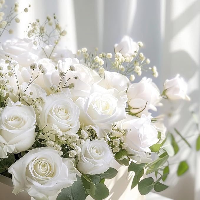 BLEUM CADE 50 Pcs White Roses Artificial Flowers, Real Touch Velvet Roses Fake Flowers Bulk, Artificial Roses Bouquet with Long Stems Bridal DIY Wedding Party Centerpiece Decorations