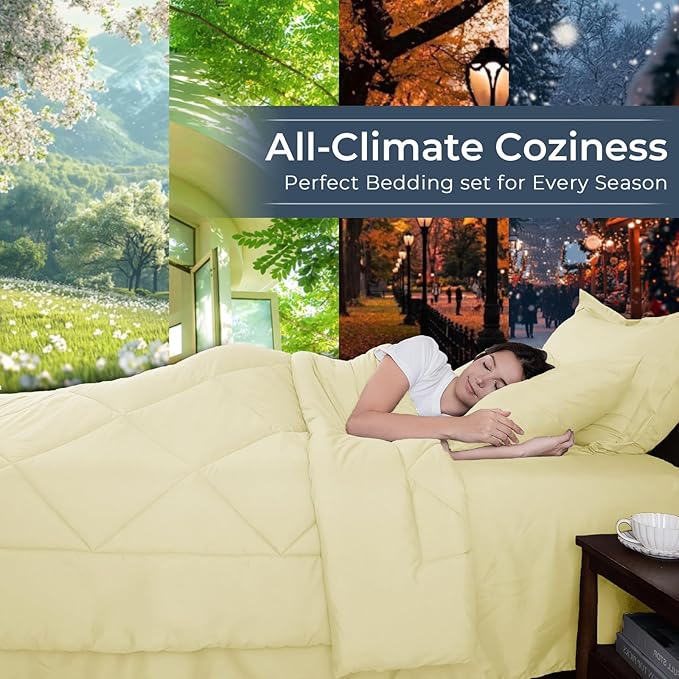 HEVUMYI Cream Yellow King Comforter Set - 7-Piece All Season Bed in a Bag King, Ultra Soft Bedding Set with Comforter, Flat Sheet, Fitted Sheet, Pillowcases, Pillow Shams