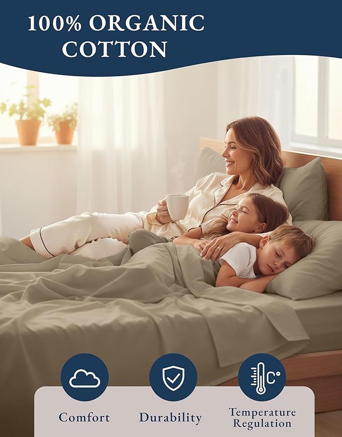 LANE LINEN 100% Organic Cotton Sheets Set, Pure Organic Cotton Long- Staple Percale Weave Ultra Soft Best- Bedding Sheets for Bed, GOTS Certified, Fits Mattress Upto 15in. Deep Pocket (Full, Taupe)