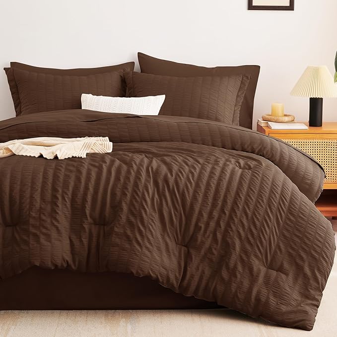 CozyLux King Size Comforter Set Brown Seersucker 7 Pieces Bed in a Bag King Comforter Set with Sheets, Luxury Soft Bedding Set with Down Alternative Comforter, Sheets, Pillowcases & Shams All Seasons