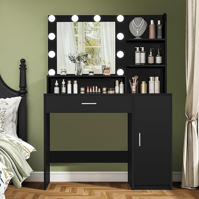 Quimoo Makeup Vanity Desk with Mirror & Lights, Vanity Desk with 5 Drawers & Storage Shelves, Vanity Table, 3 Color Modes & Adjustable Brightness Dressing Table, Bedroom, Black