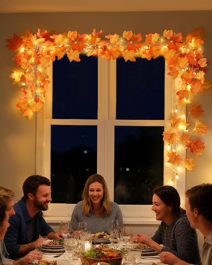 Luditek Fall Decor 3-Pack Fall Leaf Garland with Lights, Total 24.6ft 60 LED Halloween String Lights, Thanksgiving Decorations for Home Holiday Autumn Indoor Friendsgiving Gift