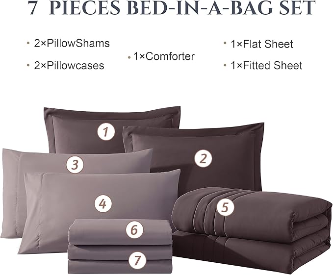 Monbix Queen Comforter Set - 7 Pieces ltalian Plum Bed in a Bag Queen Bedding Sets with Comforters, All Seasons Down Alternative Comforter Bed Set with Sheets,Pillowcases & Shams