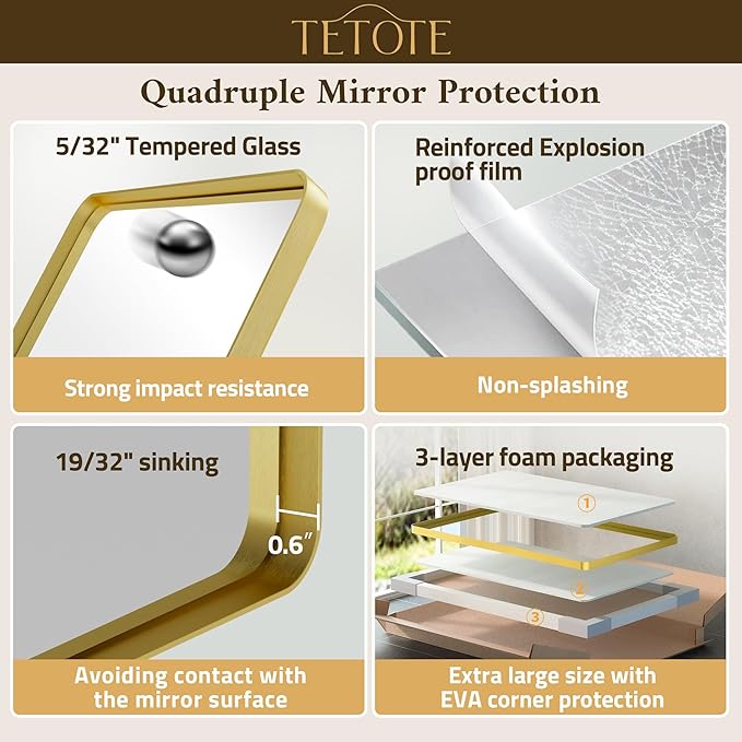 TETOTE Gold Mirror 48 x 24 Brushed Gold Metal Framed Bathroom Mirror, Tempered Glass, Modern Farmhouse Wall Mounted Mirror for Decorative(Horizontal/Vertical)