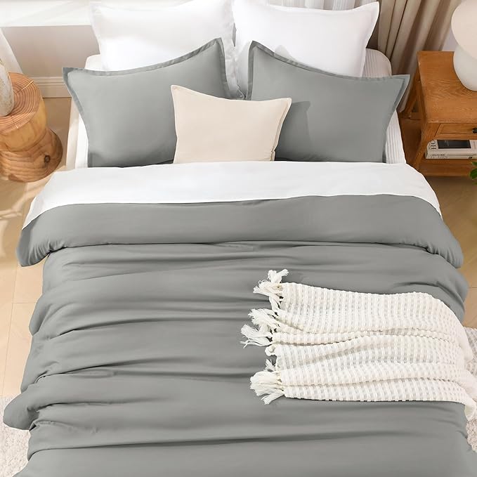 Litanika Comforters Medium Gray Oversized Queen Size, 3 Pieces Lightweight Solid Bedding Set & Collections, All Season Fluffy Bed Set (98x98In Comforter & 2 Pillowcases)