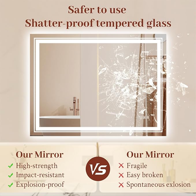20x30 LED Mirror for Bathroom with Front and Backlit Light Up Digital Mirrors for Wall,Anti Fog,Stepless Dimmable,Tempered Silver Glass Smart Vanity Mirror for Bathroom