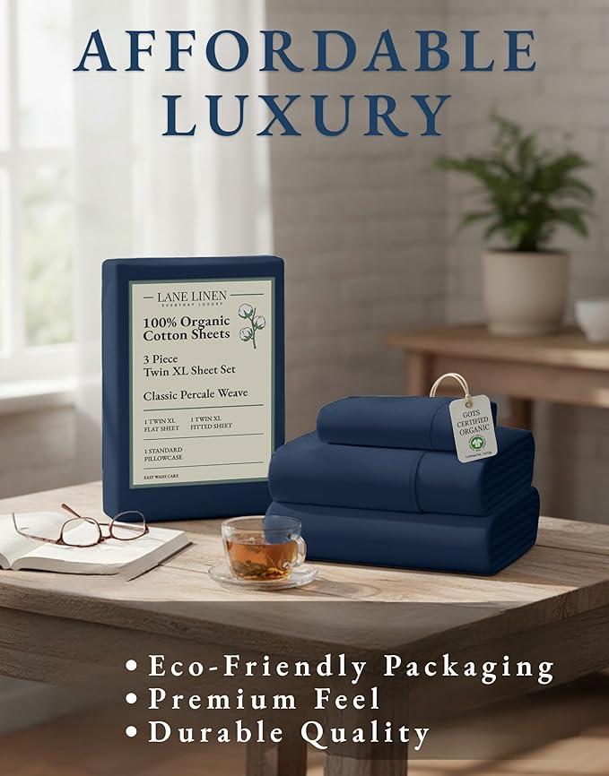 LANE LINEN 100% Organic Cotton Mercerized Twin XL Sheet Set, Reinforced Seams Machine Washable Extra Long Twin Bedding Set, Luxury Hotel Quality Cotton Sheets - Navy