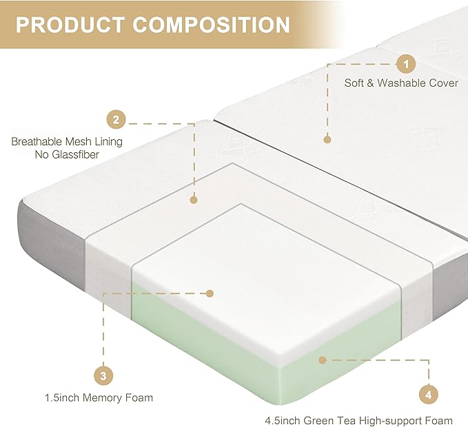 Folding Mattress, 6 Inch Memory Foam Tri-fold Mattress with Breathable & Washable Bamboo Fiber Fabric Cover, Foldable Floor Guest Bed for Camping, Road Trip, Twin