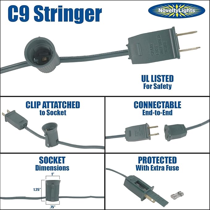 25 Foot C9 Blue Ceramic Christmas Lights Set - Indoor/Outdoor Christmas Light String - Christmas Tree Lights – Opaque Christmas Bulbs - Roofline Light String – Outdoor String Lights - Green Wire