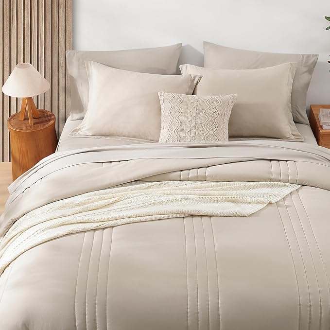 Monbix California King Size Comforter Set - 7 Pieces Bed in a Bag California King, Beige Bedding Sets with Comforter, All Seasons Down Alternative Comforter Bed Set with Sheets, Pillowcases & Shams