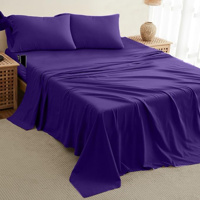 DREAMCARE Queen Sheet Set – 4 pcs Cooling Sheets – up to 21” Extra Deep Pocket Queen Sheets – Hotel Luxury Sheets & Pillowcases – Superior Softness 100% Fine Microfiber with Side Pocket – Purple