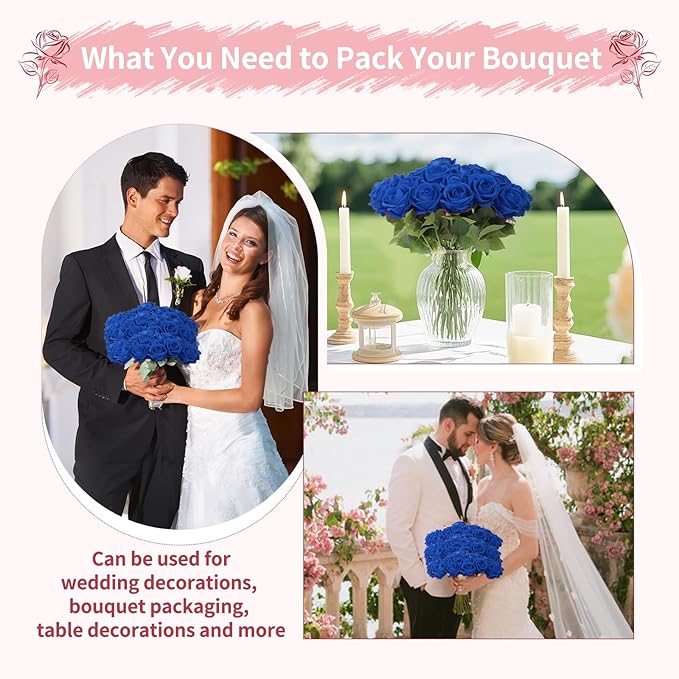 52 PCS Blue Artificial Roses Bulk, Fake Artificial Flowers Bridal Bouquet Silk Faux Rose with Stems for Wedding Flowers Decoration, Valentine's Day, Bridal Bouquet, Anniversary, Home Decor (52PCS)
