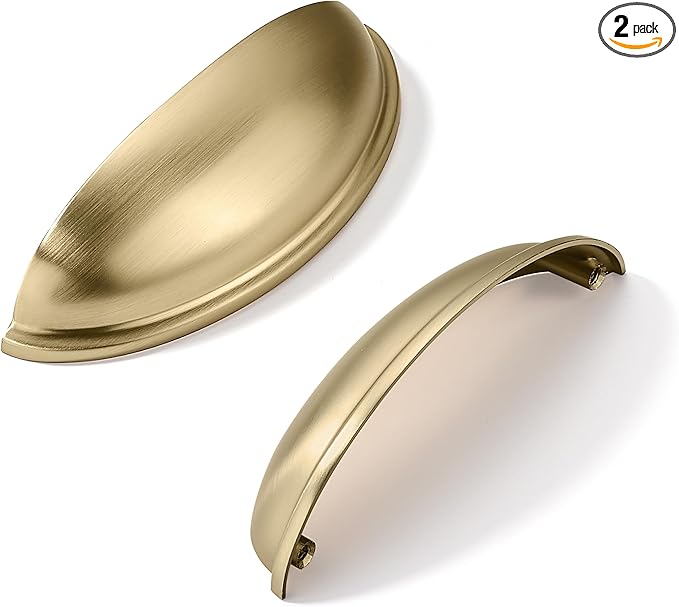 khtumeware 2 Pack 4" Drawer Pulls Brushed Brass Cabinet Cup Pulls Kitchen Hardware Cabinet Handles Drawer Handles Knobs 4 inch Hole Center