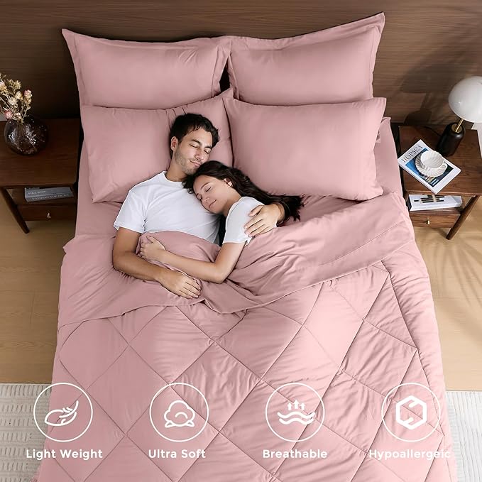 HEVUMYI Rose Gold Full Comforter Set - 7-Piece All Season Bed in a Bag Full, Ultra Soft Bedding Set with Comforter, Flat Sheet, Fitted Sheet, Pillowcases, Pillow Shams