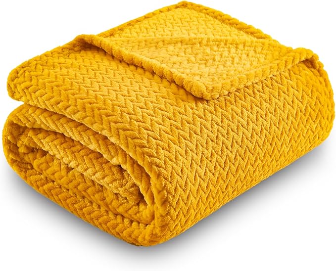 NEWCOSPLAY Super Soft Twin Blanket Mustard Yellow Premium Silky Flannel Fleece Leaves Pattern Lightweight Bed Blanket All Season Use (Mustard Yellow, Twin(60"x80"))