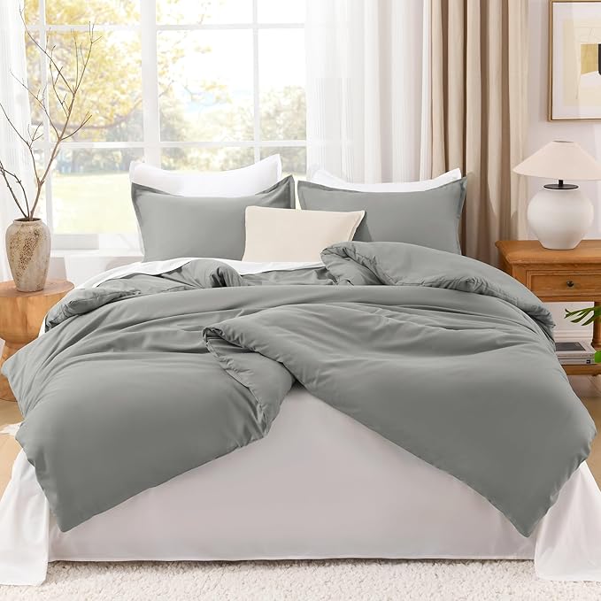 Litanika Comforters Medium Gray Oversized Queen Size, 3 Pieces Lightweight Solid Bedding Set & Collections, All Season Fluffy Bed Set (98x98In Comforter & 2 Pillowcases)