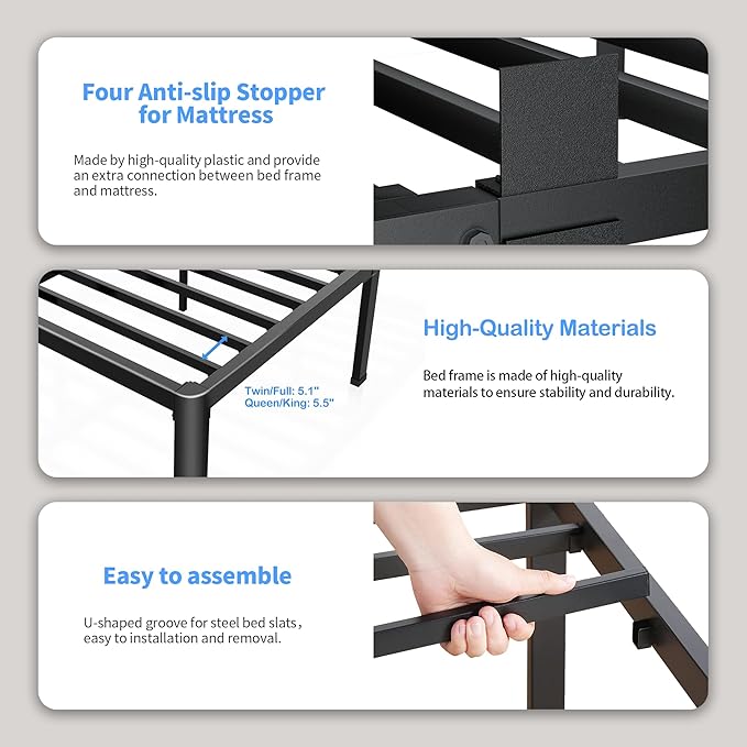 ROIL 4 inch King Size Bed Frame Metal Platform No Box Spring Needed with Round Corner Legs Mattress Stoppers Retainers 3500LBS Heavy Duty Steel Slats Noise-Free