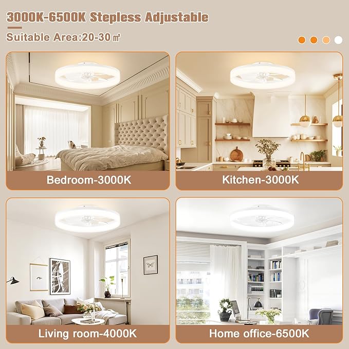 VOLISUN Low Profile Ceiling Fans with Lights and Remote, 23.6in Flush Mount Ceiling Fans with Light, 3000K-6500K Dimmable Fandelier LED Fan Lights, Bladeless Ceiling Fan with Light for Bedroom(White)