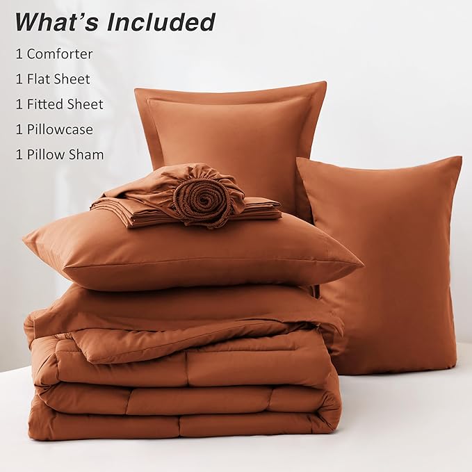 Love's cabin Twin Comforter Set Burnt Orange, 5 Pieces Twin Bed in a Bag, All Season Bedding Sets with 1 Comforter, 1 Flat Sheet, 1 Fitted Sheet, 1 Pillowcase and 1 Pillow Sham