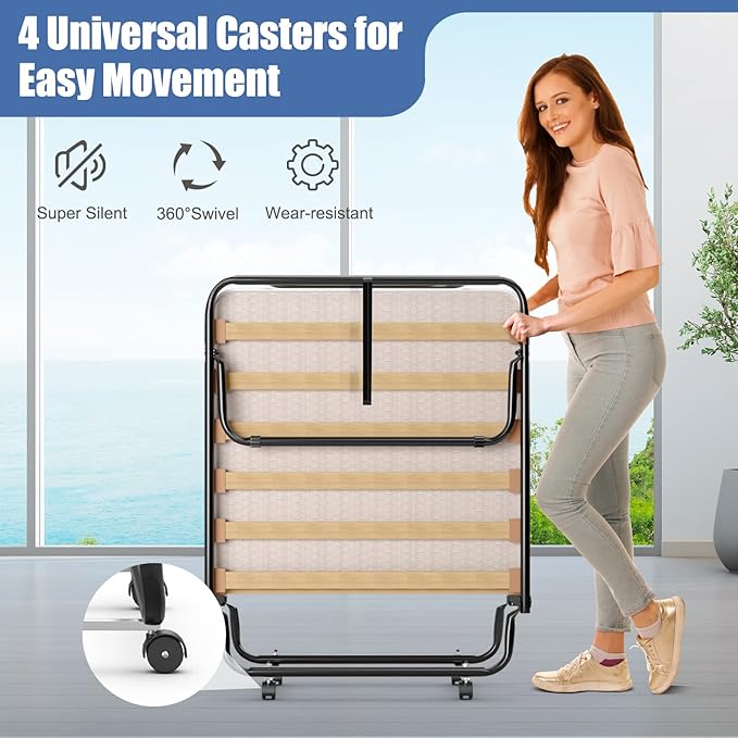 Giantex Folding Bed with Mattress for Adults, Rollaway Guest Beds w/Memory Foam Mattress & Metal Frame, Made in Italy, Cot Size Rollaway Bed, Portable Foldable Sleeper Bed for Home, Beige
