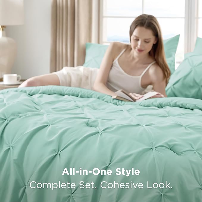 Bedsure King Size Comforter Set Mint Green - Bed in a Bag Bedding Set 7 Pieces, GentleSoft™ Pintuck Bed Set Gift for Family, Pinch Pleat Mint Green Comforter with Sheets, Pillowcases & Shams