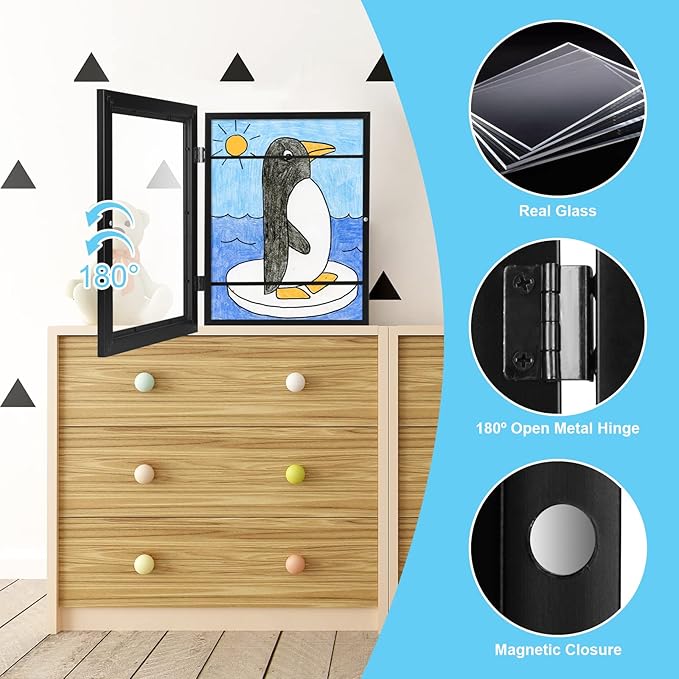 [3Pack] Kids Art Frames, 9x12 Front Opening Kids Artwork Frames Changeable, Black Artwork Display Storage Frame for Wall, Holds 50 Pcs, for 3D Picture, Crafts, Children Drawing, Hanging Art, Portfolio