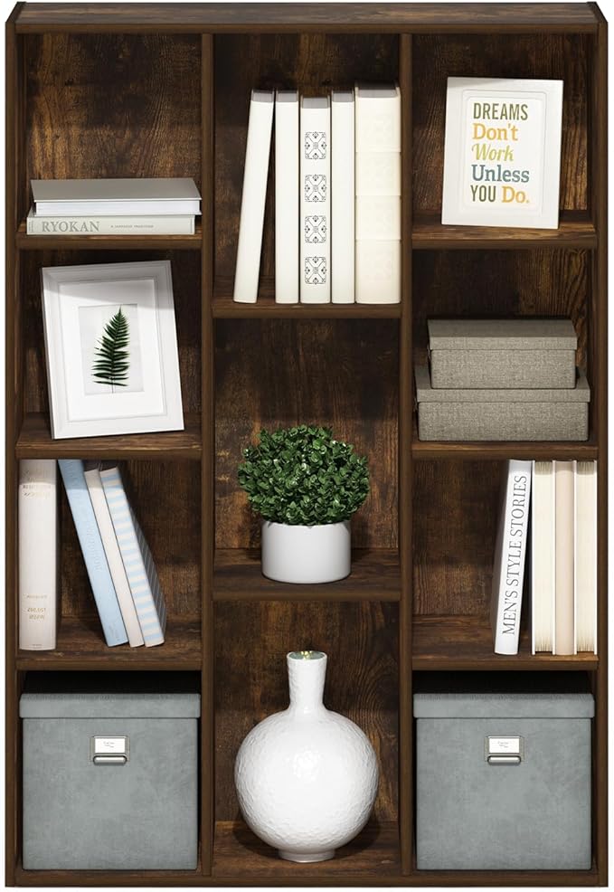 Furinno LUDER Book Shelf, 11-Cube Bookshelf, Reversible Bookcase, 9.4" x 29.1" x 41.7", for Living Room, Bedroom, Home Office, Amber Pine